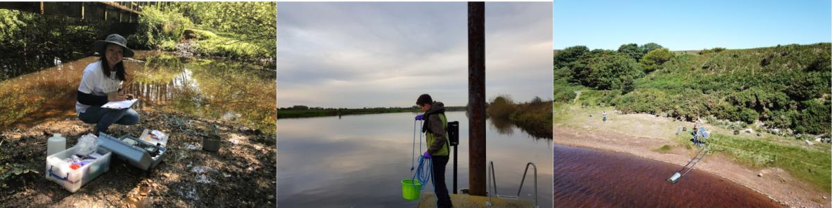 Composite of three images of rivers and researchers gathering data